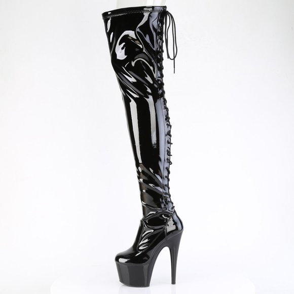Patent Leather Platform Heel Lace Up Back Thigh High Boots - Picture 1 of 5